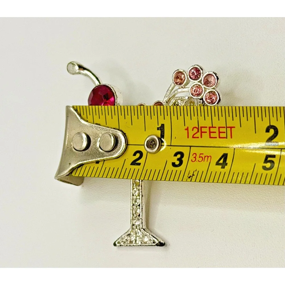 Pink Cherry Martini Glass Silver and Crystal‎ Brooch